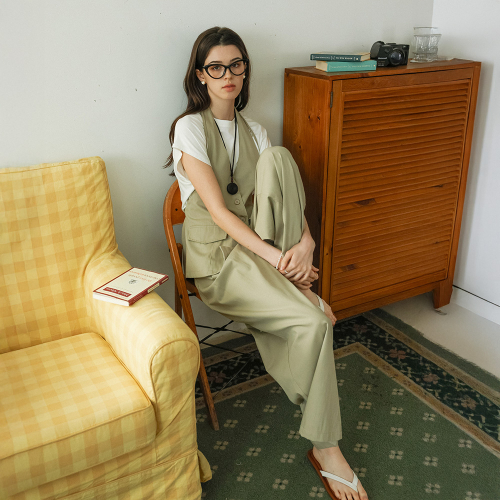 DD_Button vest and wide leg pants set_BEIGE