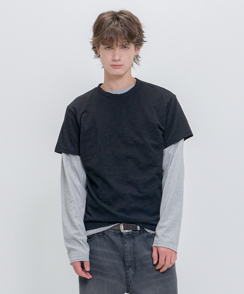 Комплект из футболки слаб и лонгслива с разрезами [black, grey]