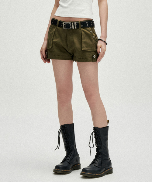 W Stud Pocket Micro Shorts - Khaki