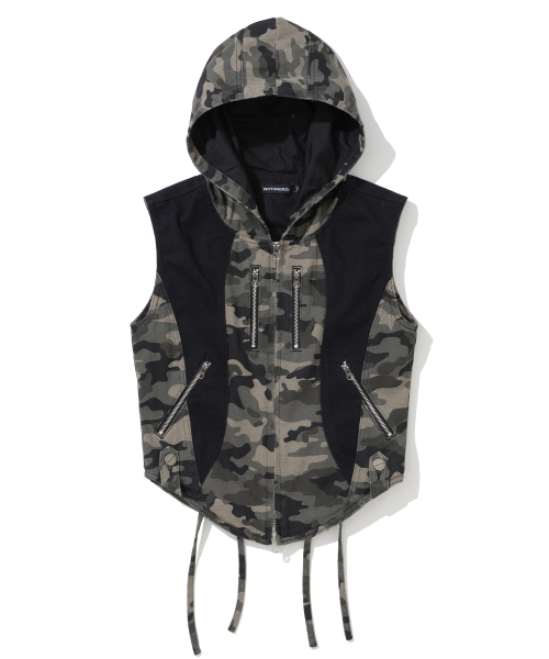 W Camo Panel Hood Vest - Black