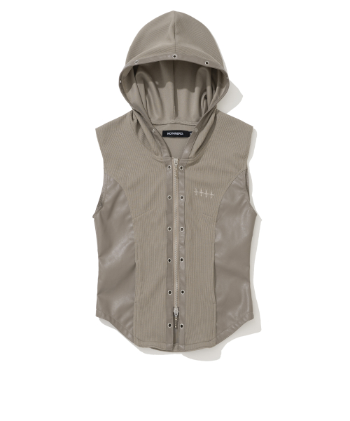 W Eyelet Contrast Hood Vest - Beige