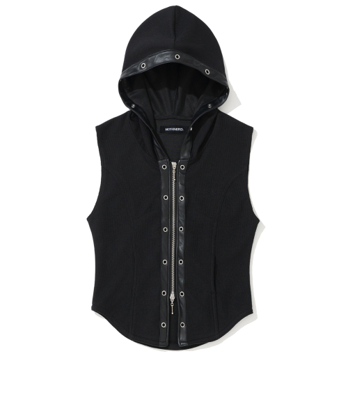 W Eyelet Contrast Hood Vest - Black