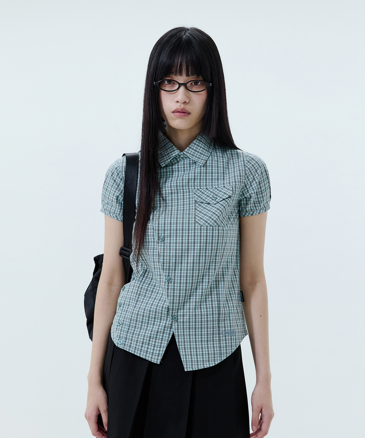 Side Button Slim Fit Check Half Shirt - MINT