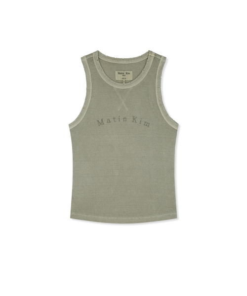 DISTRESSED SLEEVELESS LOGO TOP IN BEIGE