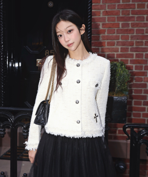 Rice Grunge Crop Tweed Jacket - Ivory preview