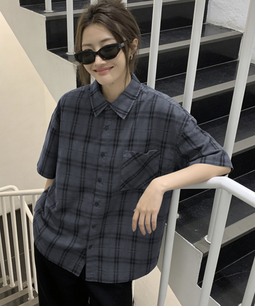 MUSINSA公式 | NOMBRE シグニチャーチェック半袖シャツ[ネイビー]