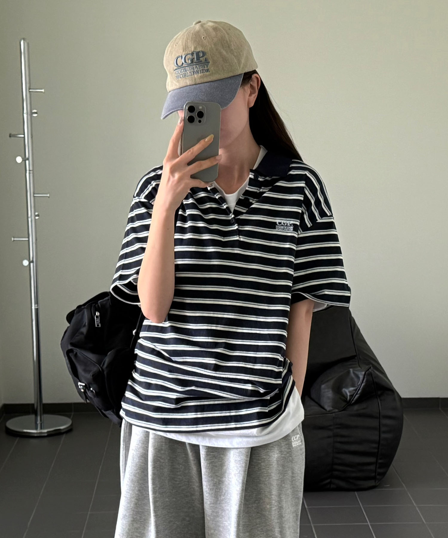 (Women) Оверсайз поло в полоску с коротким рукавом - dark navy