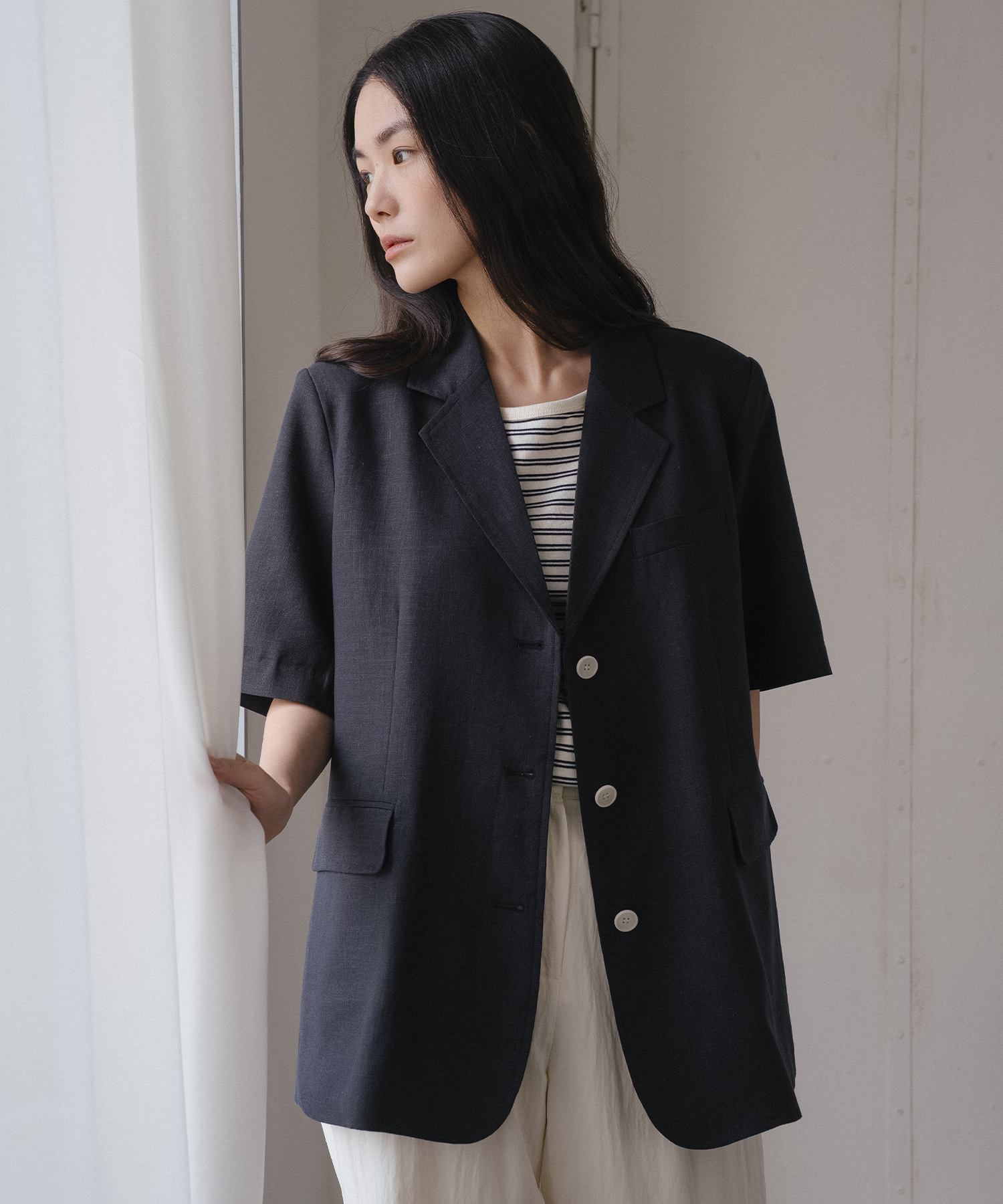 Linen blended half sleeve jacket [TISU05JK04]_Navy