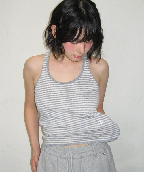 STRIPE KNIT HALTER NECK SLEEVELESS GREY