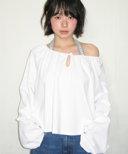 VOLUME SHIRRING BUTTON LONG SLEEVE WHITE