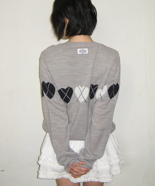 HEART ARGYLE LINE KNIT CARDIGAN GREY