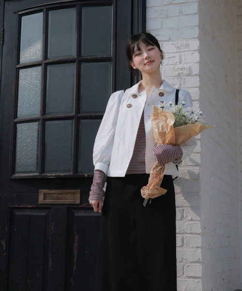 DOUBLE BUTTON PUFF SLEEVE JACKET WHITE