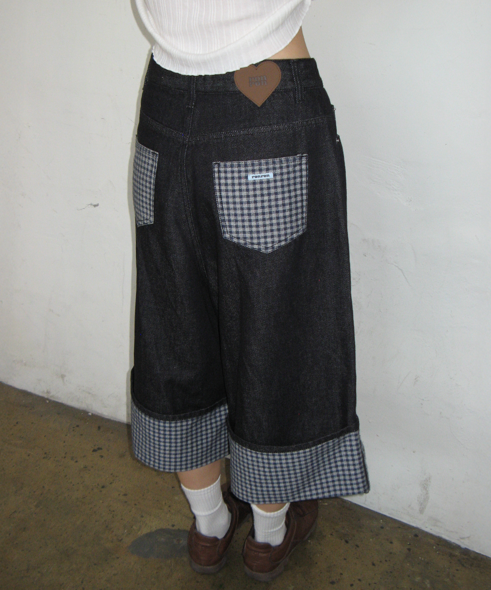 CHECK COMBI BERMUDA DENIM PANTS INDIGO BLUE