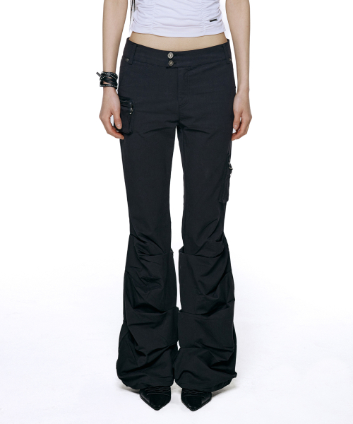Shirring Pocket Flare Pants - Black