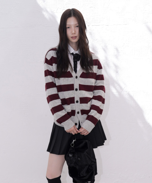 ARTIST STRIPE V-NECK CARDIGAN (BURGUNDY)