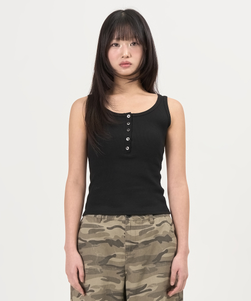 пуговица Henley горловина Sleeveless топ (Black)