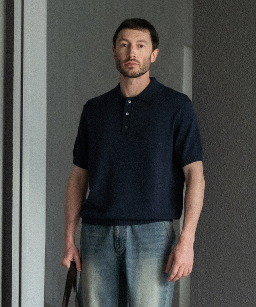 Поло-вязаный пуловер 3PLY из 100% мягкого хлопка Dark Navy