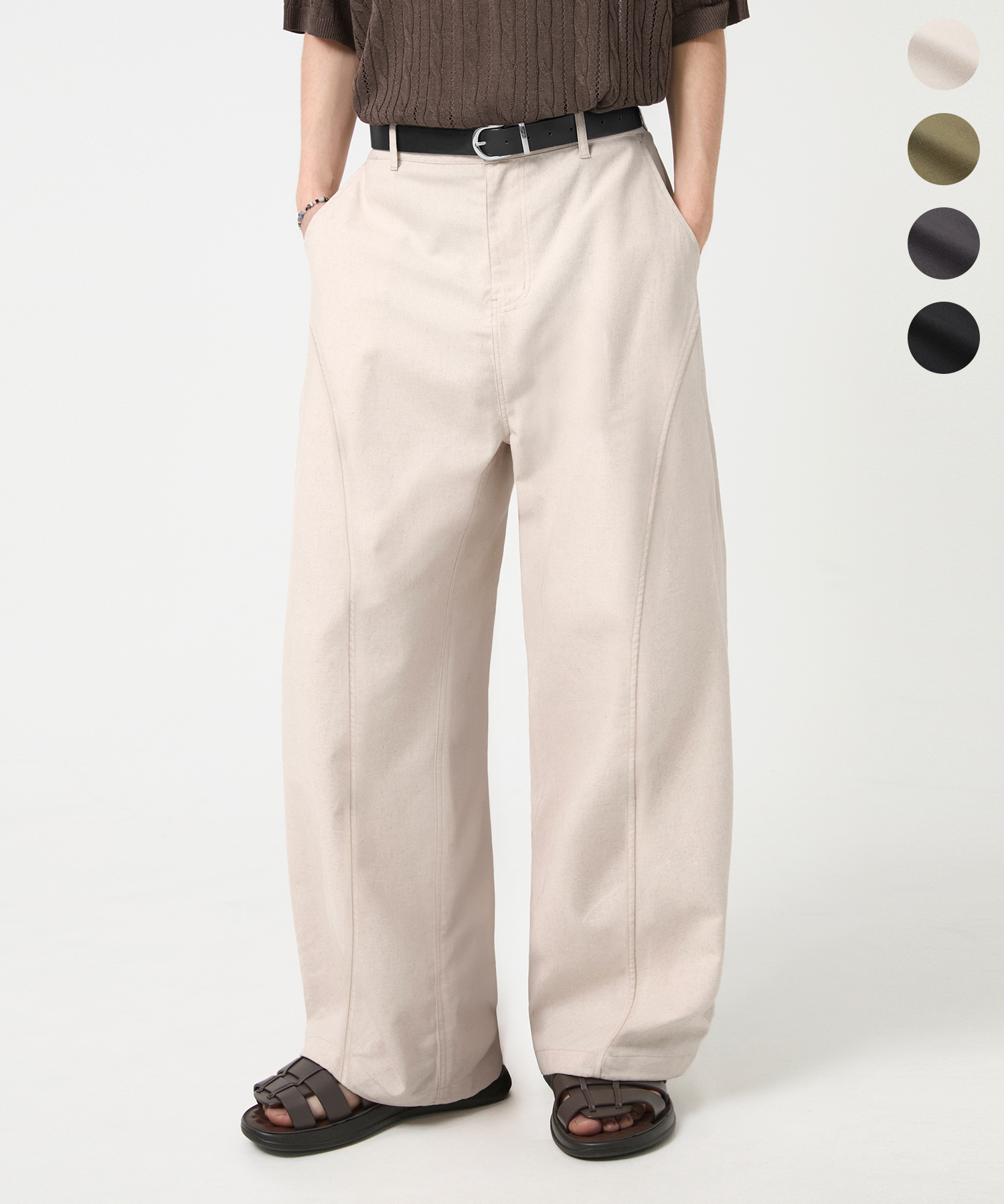 CURVED FIT WIDE BANDING LINEN PANTS_4colro