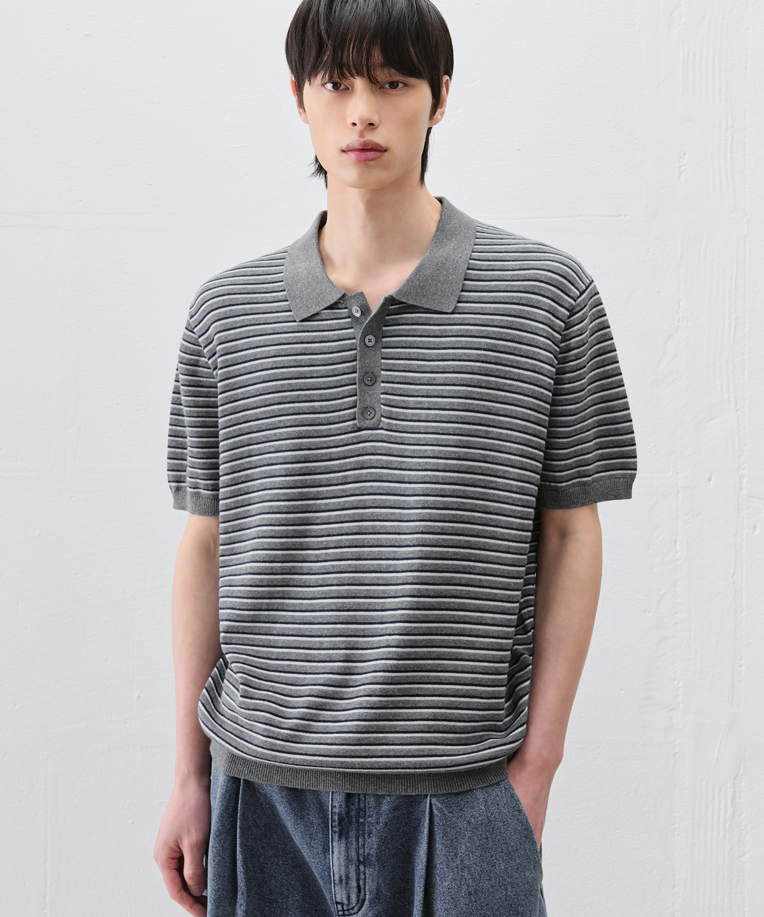 REPOSE STRIPE POLO KNIT [MELANGE GREY]
