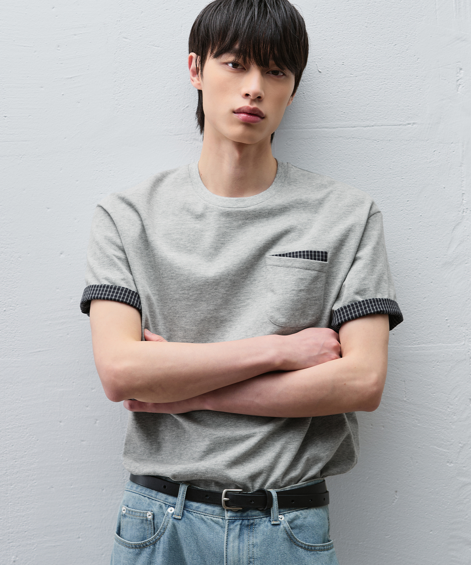 ROLL UP CHECK HALF T-SHIRT [M.GREY]