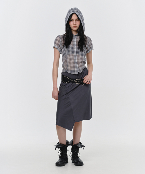 SHEER CHECK HOODIE BLOUSE, GRAY