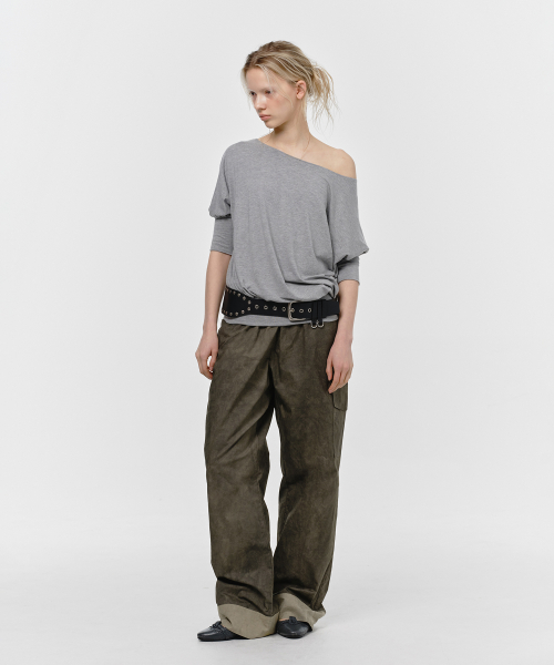 DRAPE OFF-SHOULDER ONE-PIECE, MELANGE GRAY