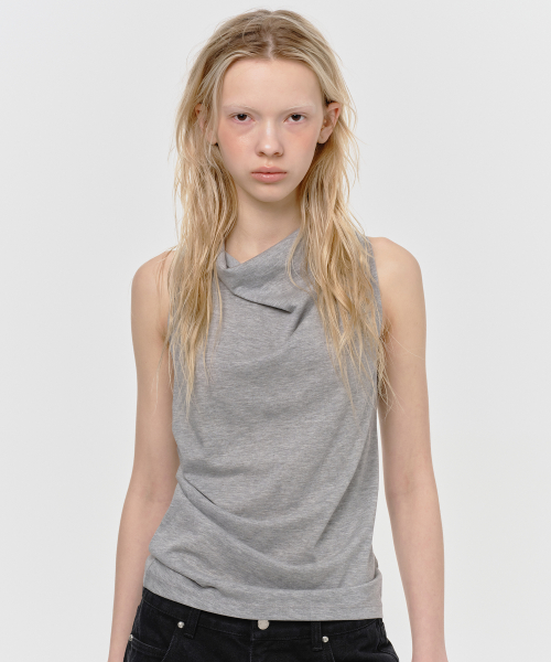 PIN TUCK HALTER NECK SLEEVELESS TOP, GRAY