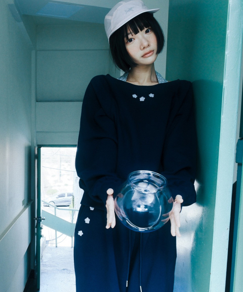 U-Neck Crochet Sweatshirt Navy