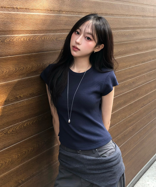 C 90S LINE WAFFLE BASIC T-SHIRT_NAVY