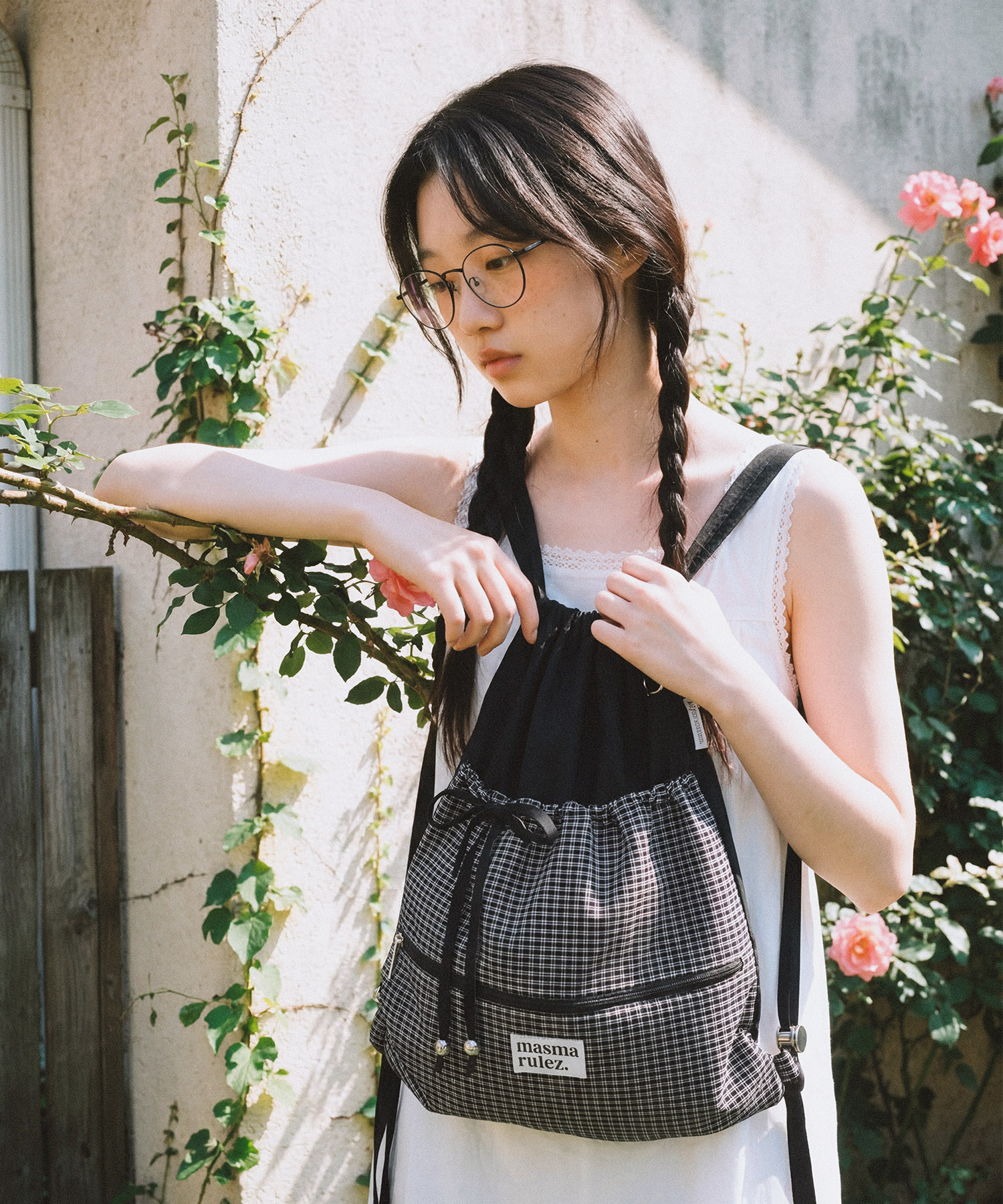 Ribbon gym sack_Check black