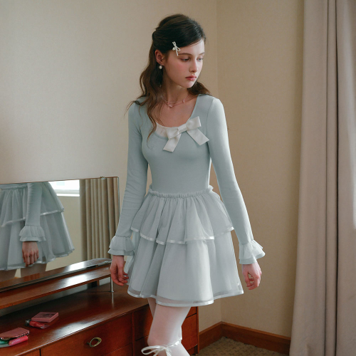 Cest_Slim ribbon layered dress