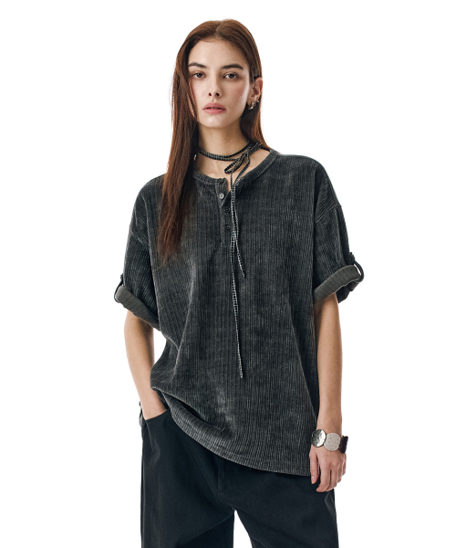 Velour Henley Roll-Up Футболка [CHARCOAL]_SETS063CHARCOAL