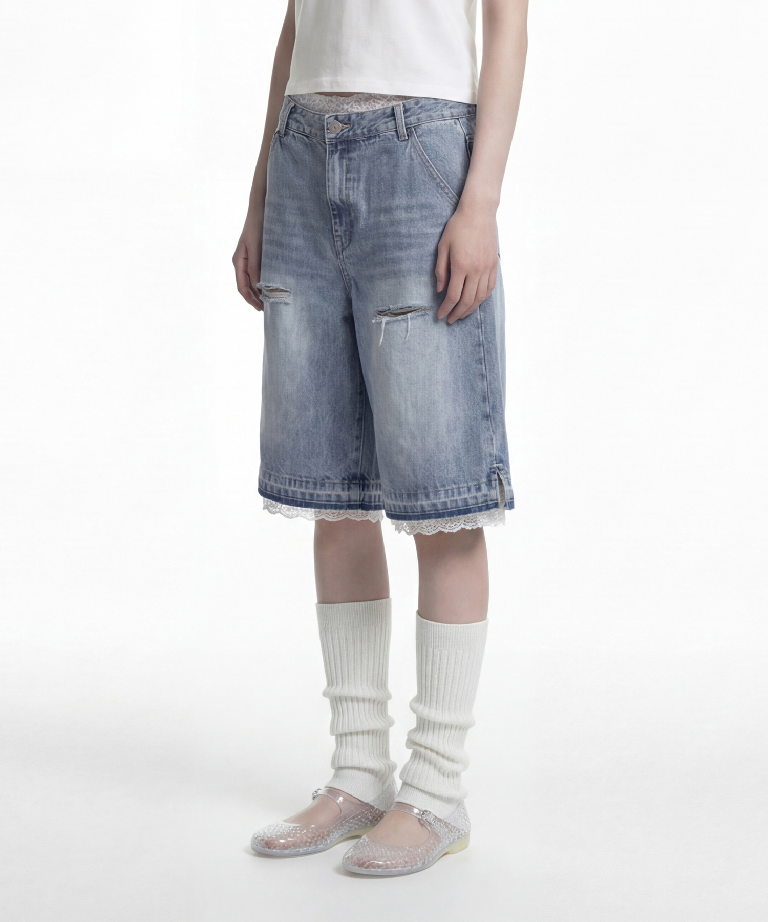 WASHED BUCKLE деним шорты [INDIGO]