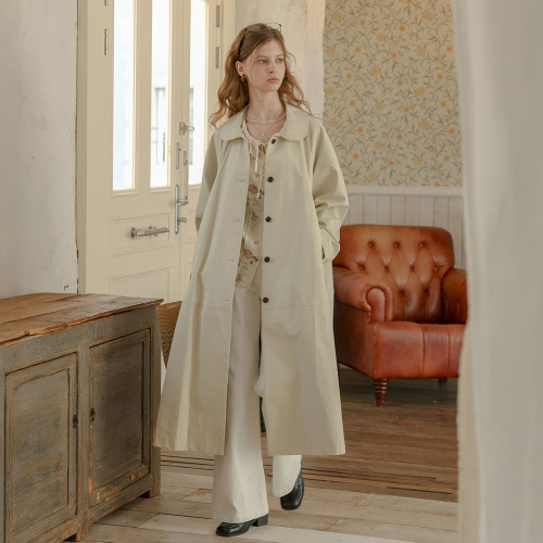 PM_Beige casual green check long coat