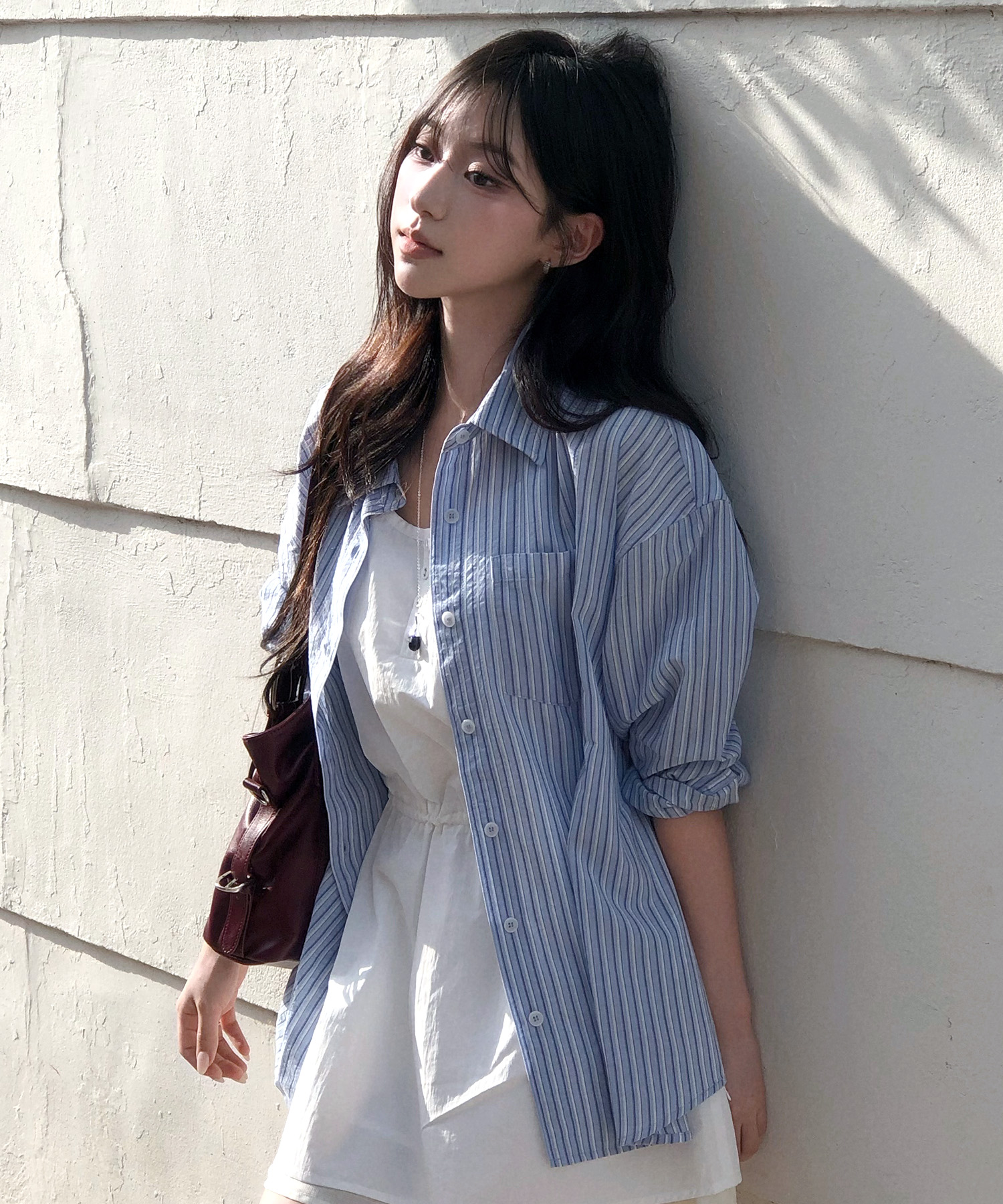 (Women) Sheer Striped Oversized Shirt_Sky Blue