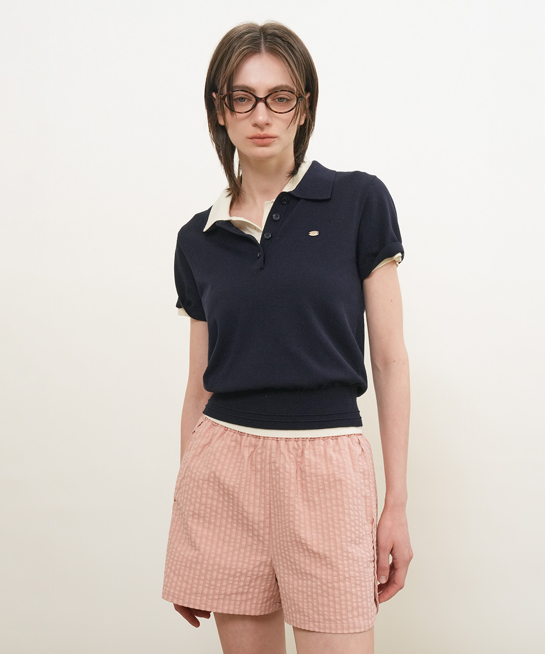woman airy essential collar half knit [navy]