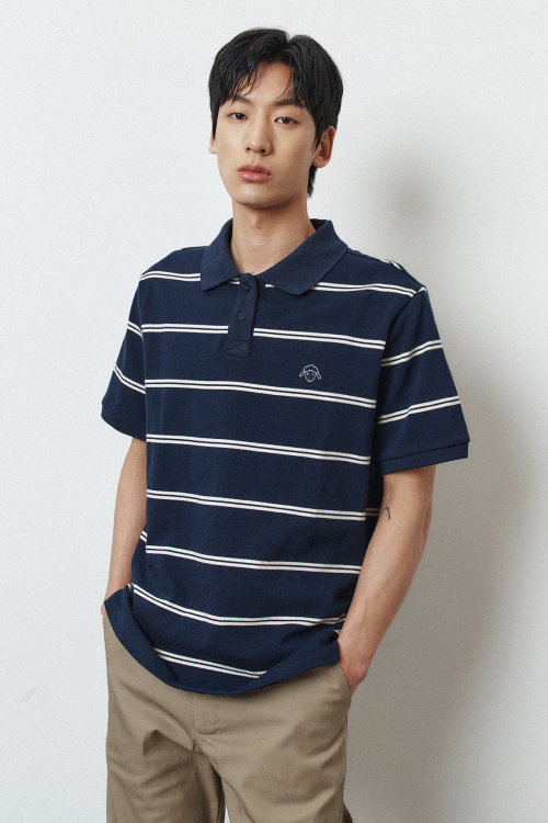 Cotton Stripe Polo T-shirt_Navy
