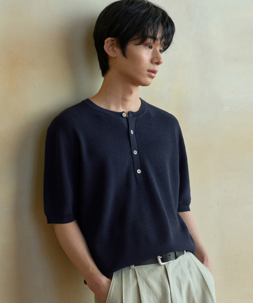 Washable минималист хенли-нек хавф-книт Navy WC26KN46