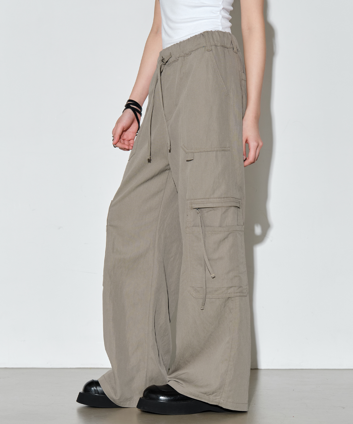 [Hot Summer] Cooling Cargo Pocket Banding Wide Pants [Khaki Gray]
