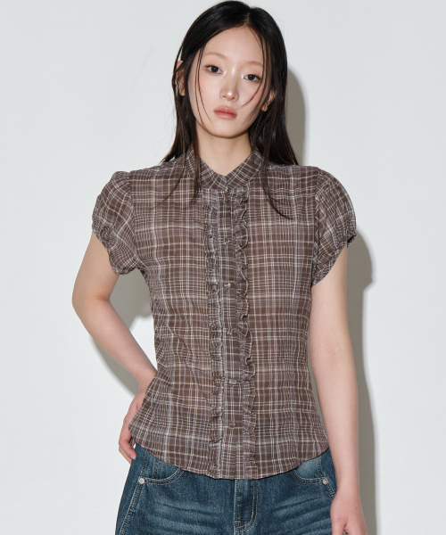 Stand Collar Frill Edge Half рубашка [Almond Check]