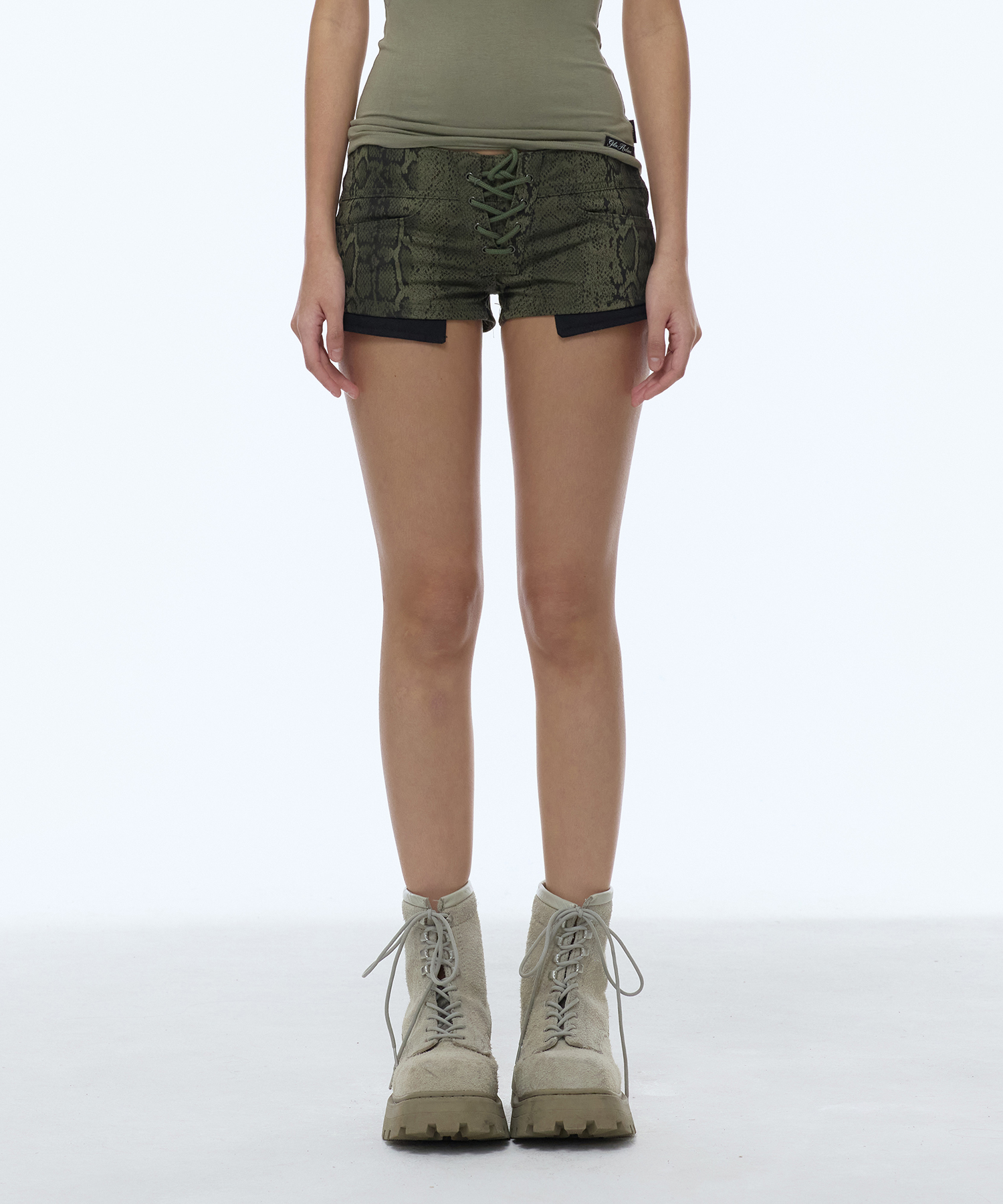 PYTHON LACE-UP COTTON SHORTS_OLIVE