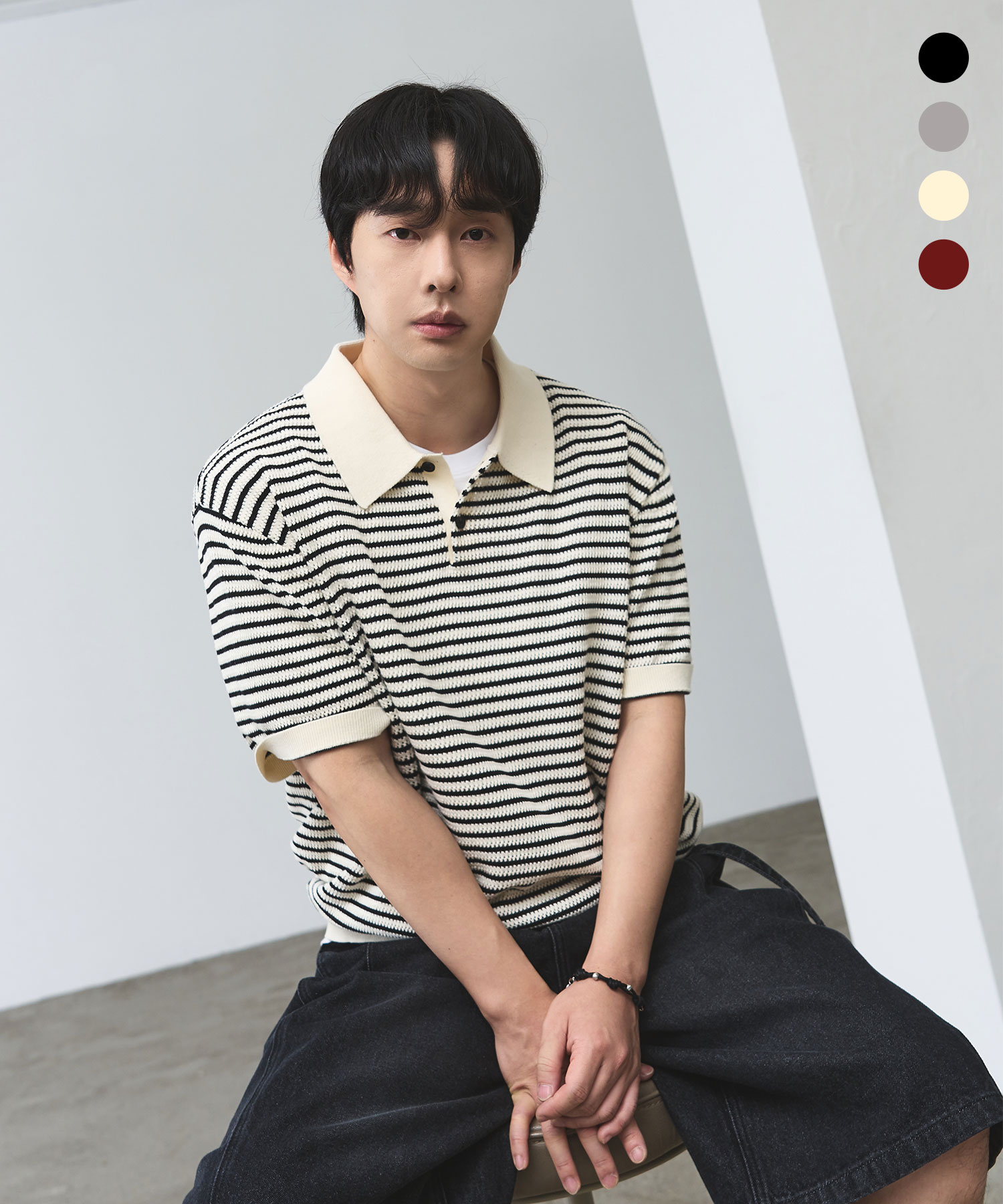 [OJEONGGYU X ALYSS] COOL COTTON STRIPE CROP COLLAR HALF KNIT_4COLOR