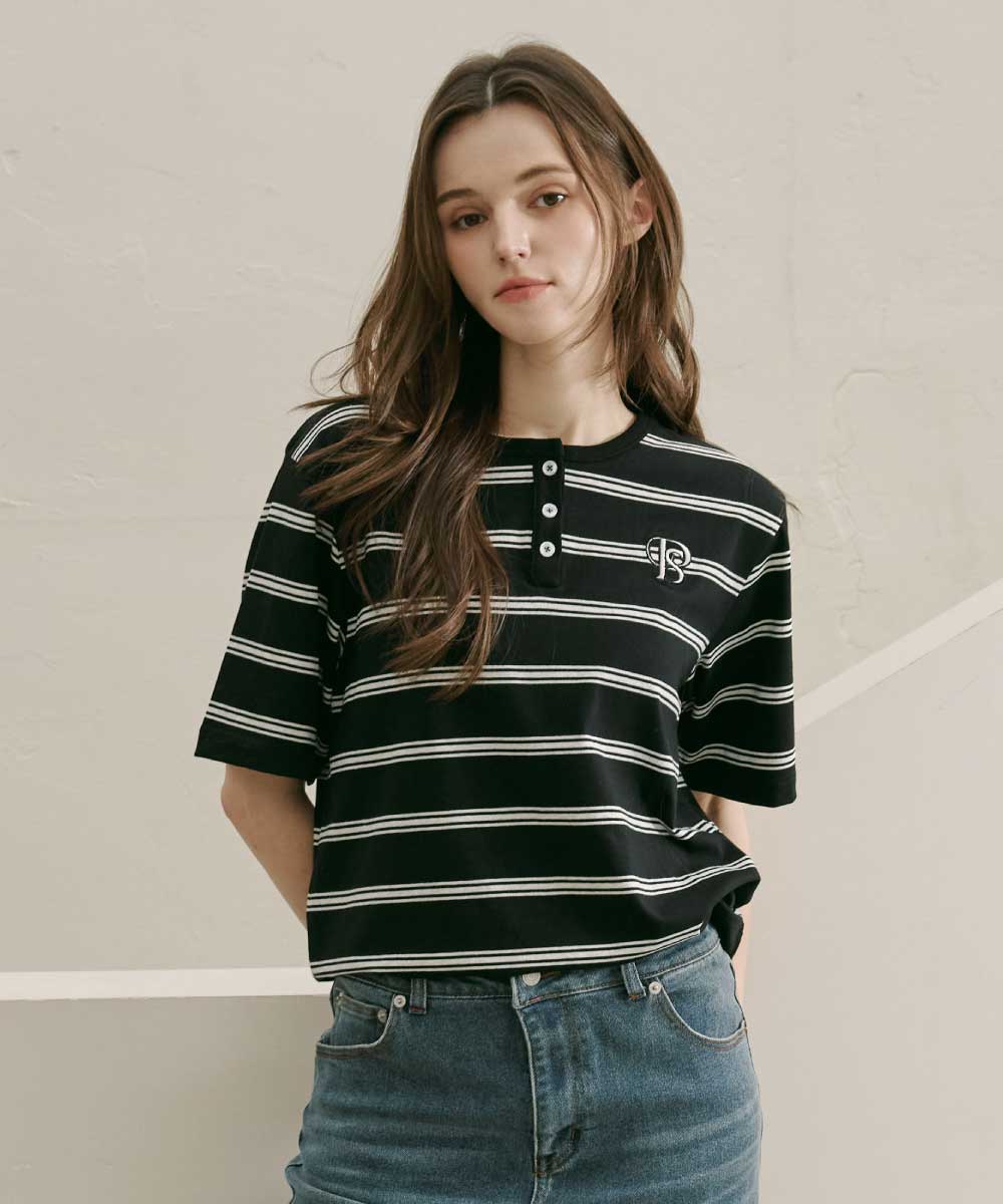 чёрный Stripe Henley Short Sleeves