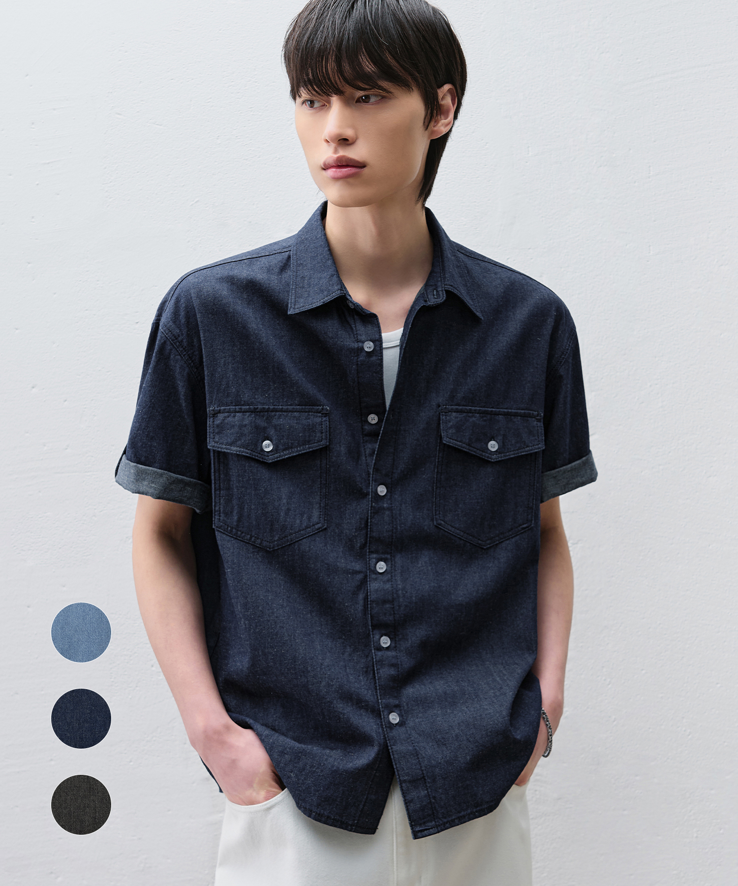 LINEN DENIM ROLL-UP SHIRT [3color]