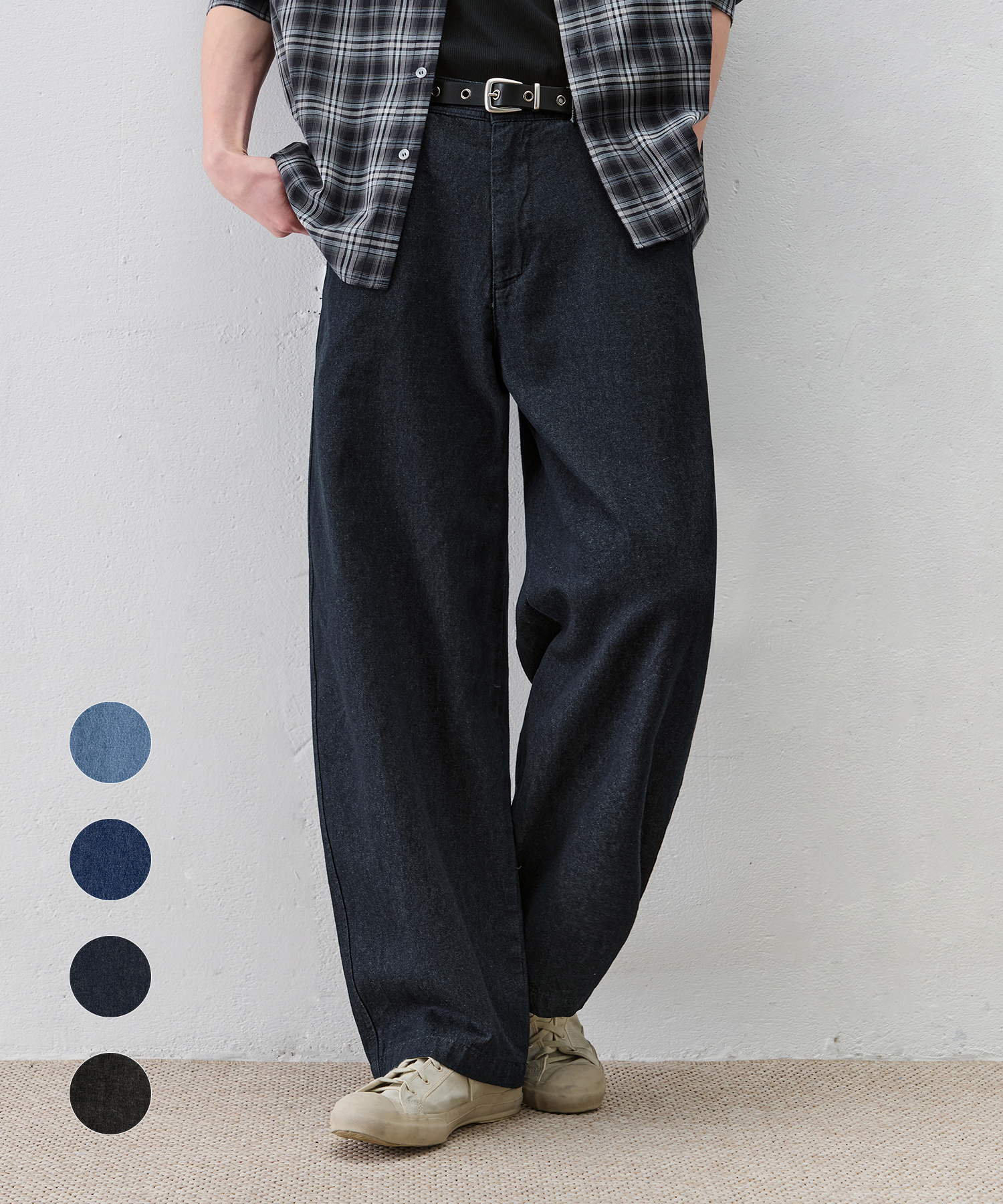 WIDE CURVED LINEN DENIM PANTS [4color]