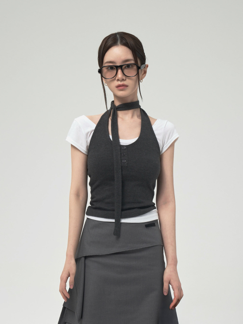 LONG TIE HALTER TOP_CHARCOAL