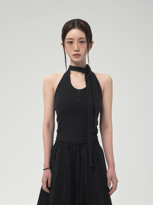LONG TIE HALTER TOP _BLACK