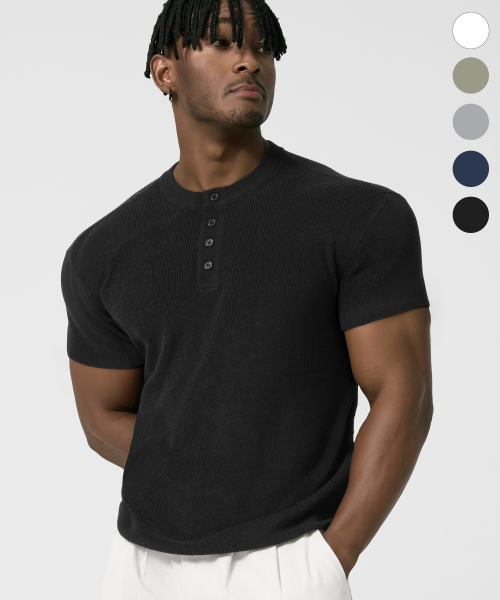 Washable Linen Muscle Fit Henley Neck Half Knit _5color