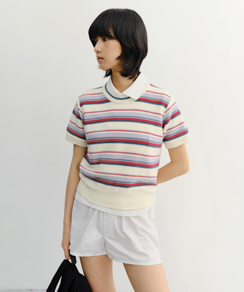 UNISEX STRIPED CREWNECK KNIT UDSW6B129 CREAM / RED