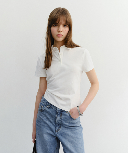 CROPPED SLIM COLLARED T-SHIRT UDTS6B221 WHITE